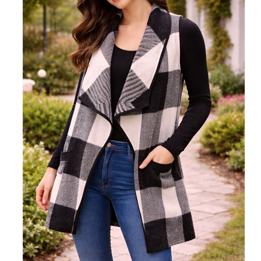 ETWO Buffalo Check Plaid Vest L Black White Waterfall Open Front Longline Boho